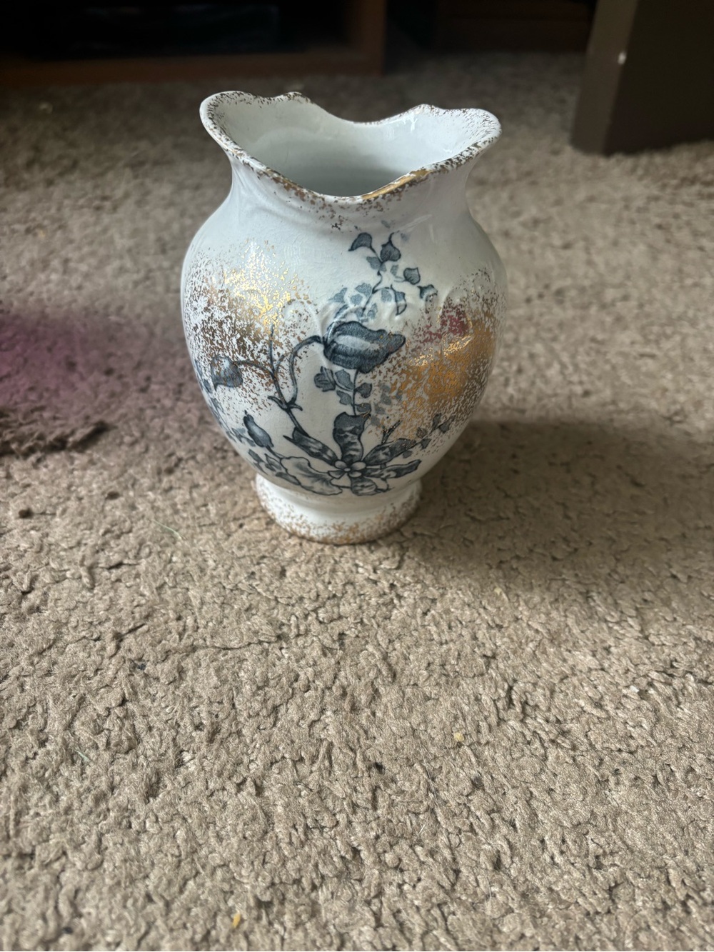 Delicate White Porcelain Bud Vase with Blue Floral and Gold Accents